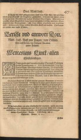 Bericht und antwort Doct. Mart. Luth. Auff zwo Fragen/ von Dolmetschen und fürbitte der Heiligen ...