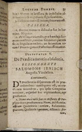 Disputatio V. De Prædicamentis absolutis.