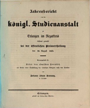 Jahresbericht über die Königliche Studienanstalt zu Erlangen : für das Studienjahr .... 1835