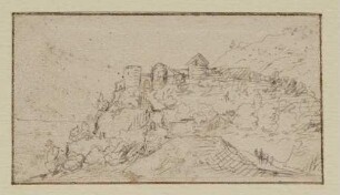 Bergkuppe mit Burg, rechts ein Weg mit Menschen