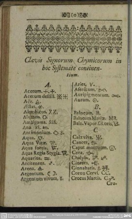 Clavis Signorum Chymicorum in hoc Systemate continentium