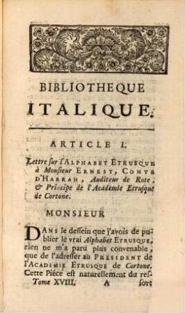 Bibliothèque italique ou histoire littéraire de l'Italie, 18. 1734