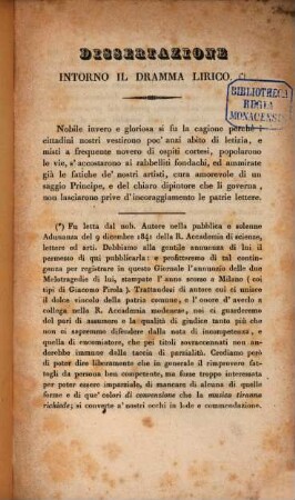 Dissertazione intorno il dramma lirico