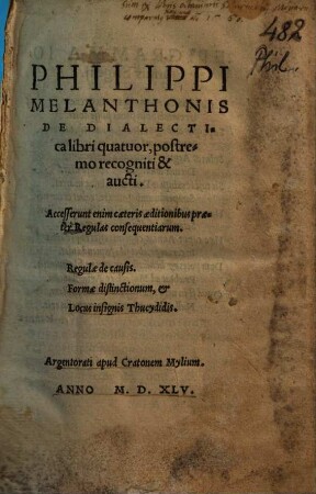 Philippi Melanthonis De Dialectica libri quatuor