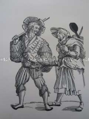 Kriegerdarstellung, Landsknecht mit Spieß und Frau mit Kochgeschirr, 1510/1530.