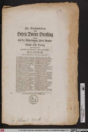 Sr. Hochwürden dem Herrn Herrn Docter Bertling widmen bey der Niederlegung Jhrer Aemter und Abreise nach Danzig gegenwärtiges Lied zum Zeichen der Hochachtung, Liebe und Zärtlichkeit Deroselben gehorsamste Diener und wahre Freunde ...