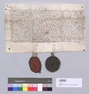Katherina, Äbtissin von Kloster St. Paul, und das Kapitel von Kloster St. Paul überlassen Peter Schmid, wohnhaft zu Zeitlarn, die Schmide zu Irlbach. S1: Katherina, Äbtissin von Kloster St. Paul, S2: das Kapitel von Kloster St. Paul
