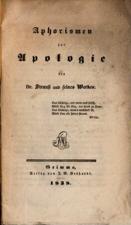 Aphorismen zur Apologie des Dr. Strauss und seines Werkes
