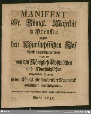 Manifest Sr. Königl. Majestät in Preussen gegen den Chursächsischen Hof