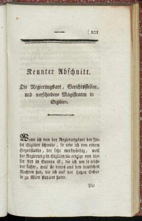 Neunter Abschnitt. Die Regierungsart, Gerichtsstellen und verschiedene Magistraten in Sizilien.