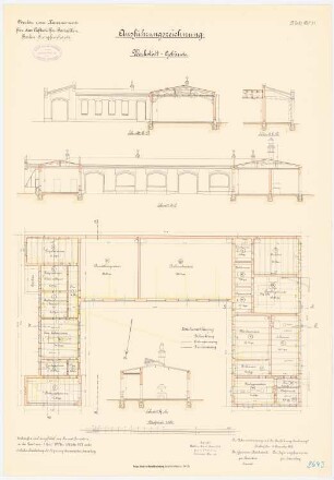 Kaserne für das Luftschiffer-Bataillon, Berlin-Jungfernheide: Werkstattgebäude: Grundriss, Querschnitte 1:100