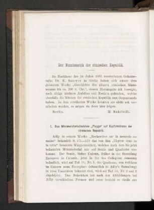 Zur Numismatik der römischen Republik