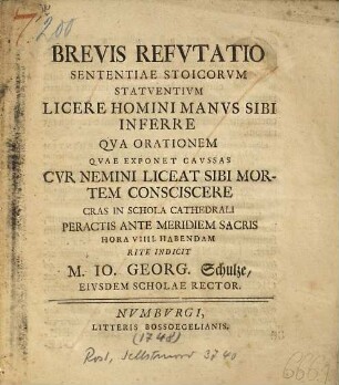 Brevis refutatio sententiae stoicorum statuentium licere homini manus sibi inferre ...