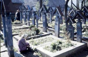 Sapinta: Der Lustige Friedhof, bemalte Kreuze, mit Personen dabei