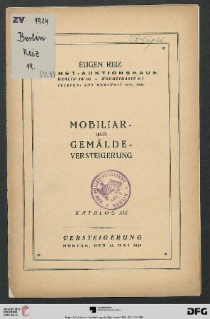 Mobiliar- und Gemälde-Versteigerung : [Gemälde, Mobiliar und kunstgewerbliche Gegenstände usw.] ; Versteigerung 12. Mai 1924 (Katalog Nr. 19)