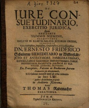 De Iure Consuetudinario, Exercitatio Iuridica
