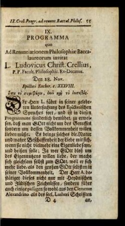 IX. Programma quo Ad Renuntiationem Philosophiae Baccalaureorum invitat L. Ludovicus Christ. Crellius, ...