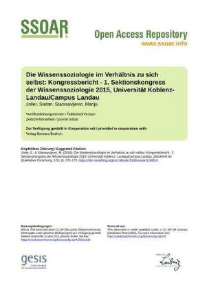 Die Wissenssoziologie im Verhältnis zu sich
selbst: Kongressbericht - 1. Sektionskongress der
Wissenssoziologie 2015, Universität Koblenz-
Landau/Campus Landau