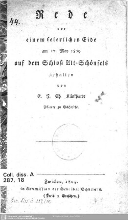 Rede vor einem feierlichen Eide am 17. May 1809 auf dem Schloß Alt-Schönfels