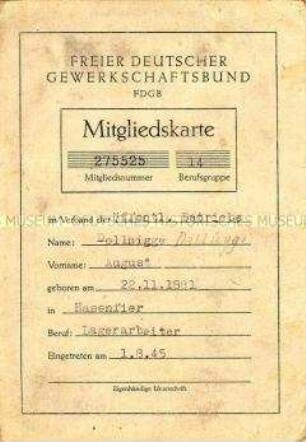 Mitgliedskarte FDGB von August Dallügge
