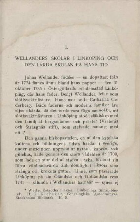 I. Wellanders Skolår I Linköping Och Den Lärda Skolan På Hans Tid.