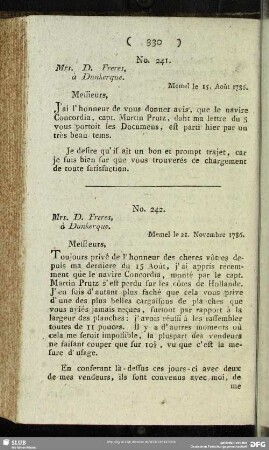 No. 241. Mrs. D. Freres, à Dunkerque. Memel le 15. Août 1786