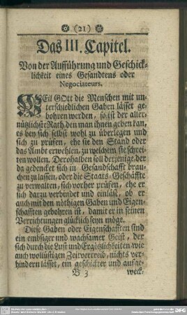 Das III. Capitel. Von der Aufführung und Geschicklichkeit eines Gesandten oder Negociateurs