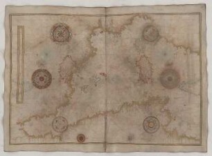 Seekarte, Handzeichnung, 1568 Bl. 38 Mittelmeer, Nordostspanien, Sardinien, Korsika, Sizilien, Marokko, Algerien, Tunesien, Ibiza, Mallorca, Menorca