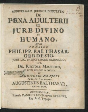 Anniversaria Iuridica Disputatio De Pœna Adulterii Ex Iure Divino Et Humano