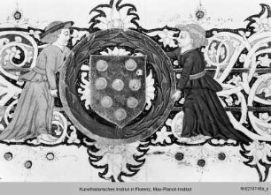 Buchseite mit Randbordüre, eingeschlossenem Mediciwappen, Text und Initialen B und C - Augustinus: Opera varia