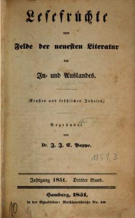 Lesefrüchte vom Felde der neuesten Literatur des In- und Auslandes. 1851,3