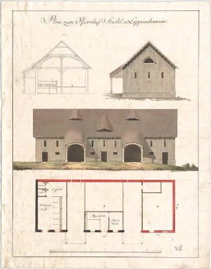 Voit, Johann Michael; Loppenhausen; Pfarrhof-Stadel - Grundriss, Ansichten, Querschnitt