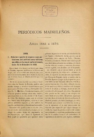 Apuntes para un catálogo de periódicos madrileños desde el año 1661 al 1870