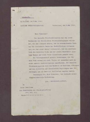Abschrift eines Schreibens von Brockdorff-Rantzau für die Deutsche Friedensdelegation an Clemenceau; Ablehung der Friedensbedingungen