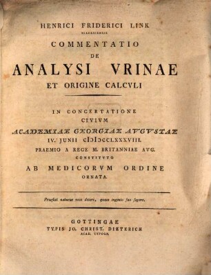 Commentatio de analysi urinae et origine calculi