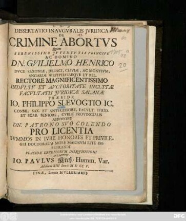 Dissertatio Inavgvralis Jvridica De Crimine Abortvs