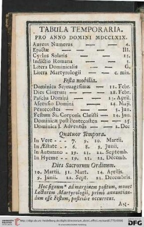 Tabula Temporaria pro Anno Domini MDCCCLXIX