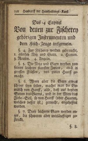 14. Von denen zu Fischerey gehörigen Instrumenten und dem Fisch-Zeuge insgemein