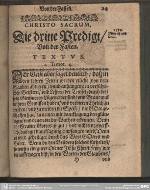 Christo Sacrum. Die dritte Predigt, Von der Fasten. Textus. 1. Timot. 4