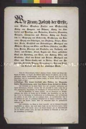 Kaiser Franz Joseph I. gibt seine Thronbesteigung bekannt; Olmütz, 2. Dezember 1848
