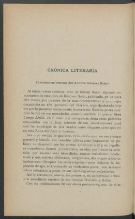 Crónica literaria : (Laudatorias heroicas por Antonio Bórquez Solar)