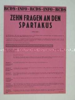 Propagandaflugblatt des RCDS mit Fragen an den MSB Spartakus