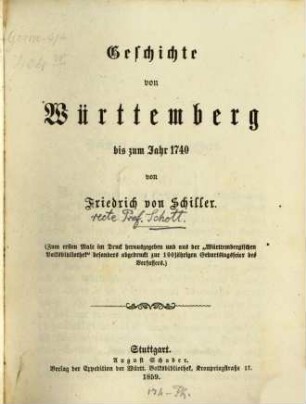 Geschichte von Württemberg : bis zum Jahr 1740