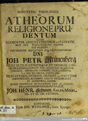 Disputatio Theologica De Atheorum Religione Prudentum