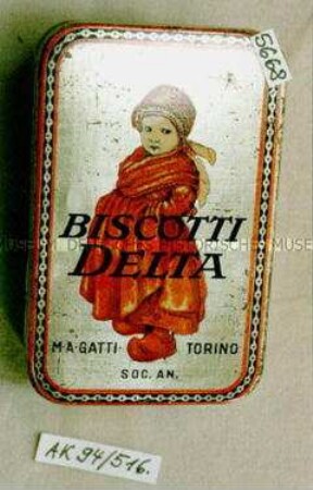 Blechdose für Gebäck "BISCOTTI DELTA M A GATTI TORINO SOC. AN." (Abbildung eines kleinen Kindes mit Holzschuhen)