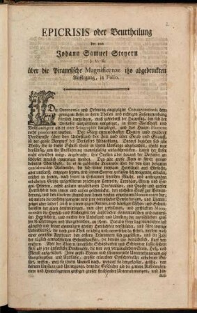 Epicrisis oder Beurtheilung der von Johann Samuel Steyern J.U.D. über die Piranesische Magnificenze itzo abgedruckten Auslegung : in Folio