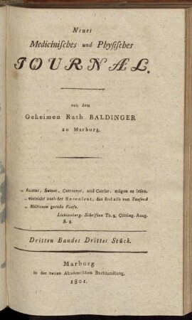 Neues Medicinisches und Physisches Journal.[...]Dritten Bandes Drittes Stück.