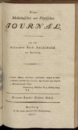 Neues Medicinisches und Physisches Journal.[...]Dritten Bandes Drittes Stück.