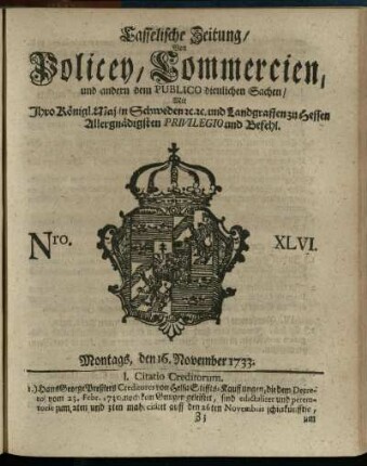 Nro. XLVI, Montags, den 16. November 1733