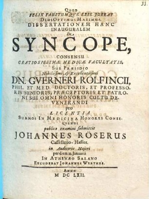 Dissertationem Hanc Inauguralem De Syncope